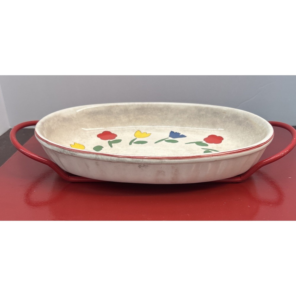 Handcrafted Tulip Blossoms on Ceramic Oval Platter Baking Dish With Stand 80's‎